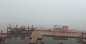 Boat gliding on the calm waters of Saryu River at Saryu Ghat, Ayodhya.