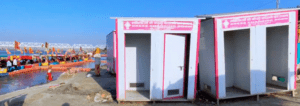 Temporary changing rooms for women at Saryu Ghat, providing a comfortable space for visitors to change after their bath before continuing their exploration of the sacred sites.